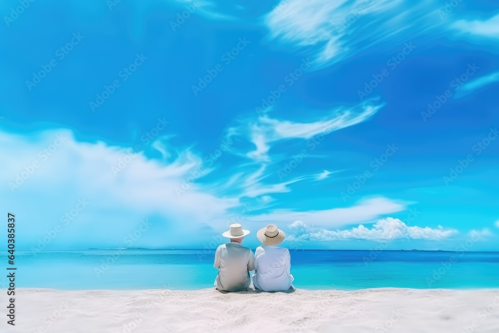 Relax senior couple on beach wite blue sky