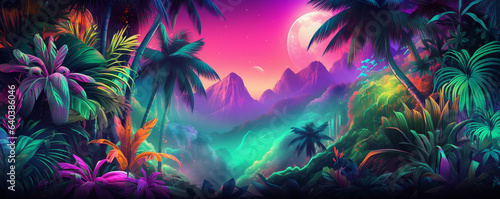 jungle landscape glowing neon at night  made with Generative AI