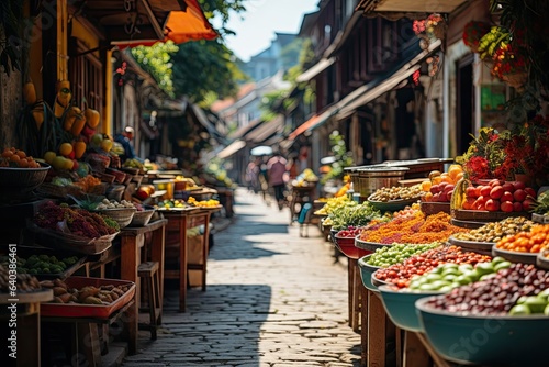 Vibrant market displays varied products in narrow street., generative IA