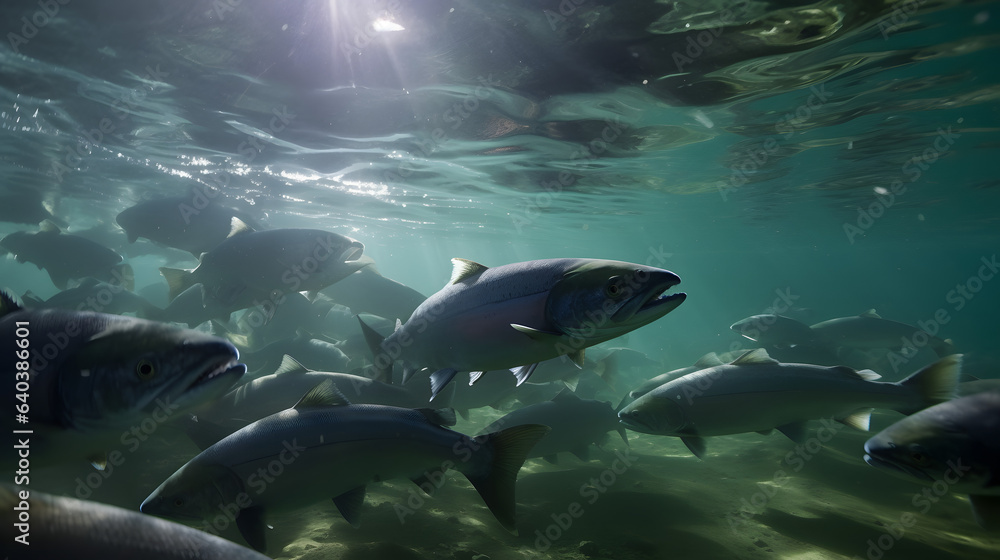 Obraz premium Widescreen Waters: The Panoramic Dance of Trout in Nature's Currents