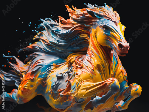 Creative illustration An abstract drawing of a running paint splashed horse isolated on a black background. Colorful artistic painting of a horse in many colors. Generative AI