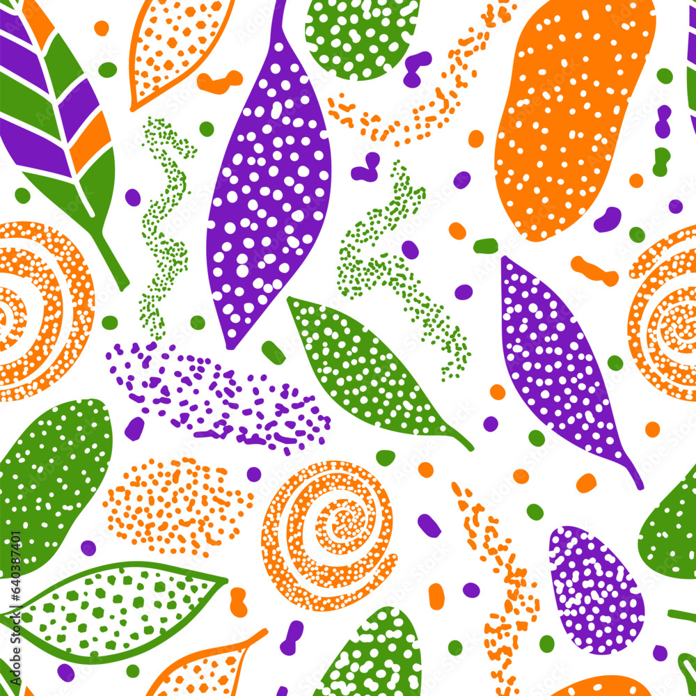 Seamless pattern abstract leaves and dots. Vector illustration