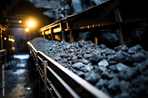 underground mining, conveyor in coal mine transports stone coal from subterranean depths photo