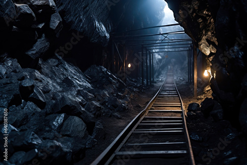 Fotografie, Obraz Rails for coal transport inside mine tunnel depict the essence of subterranean c