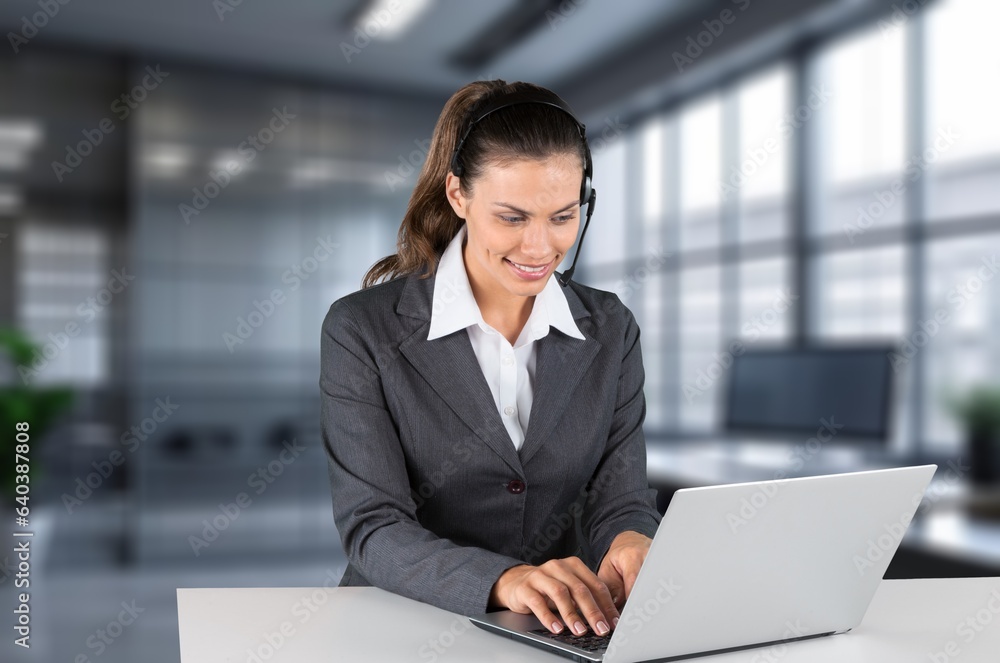 Young busy business woman working on laptop, AI generated image Young busy business woman working on laptop, AI generated image