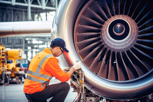 Fotografija an aircraft technician is repairing a turbine, an engineer is wearing an orange