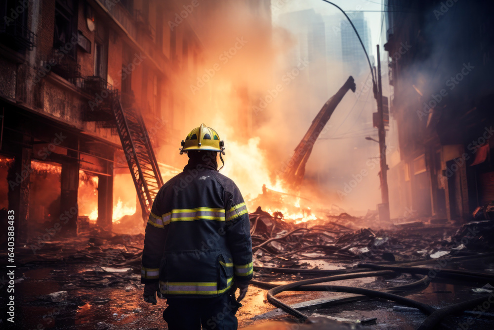 Photo of a brave firefighter battling a fierce blaze in a burning building
