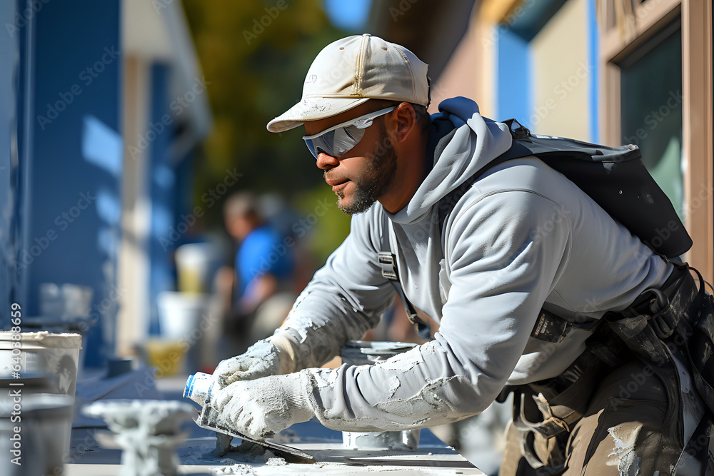 a man at a construction site does not comply with safety precautions, a male builder in the process of building a building