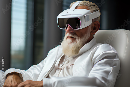 old man in VR glasses smiles, plunging into memories, future technology for older people © Yuliia