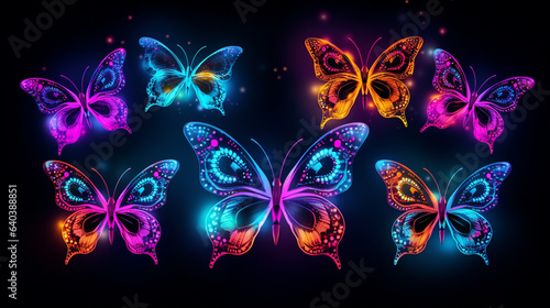 butterflies glowing colorful neon paint on black background made with generative AI