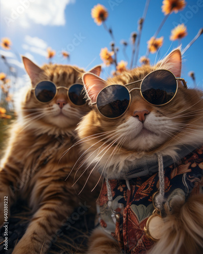 cats and dogs in sunglasses and fashionable clothes on the beach summer sun