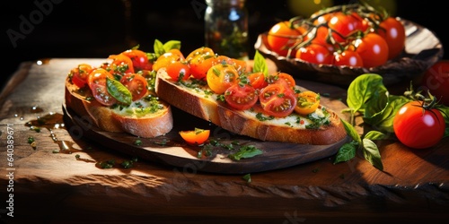 Snacks for the buffet. Delicious bruschetta with tomatoes. Generative AI