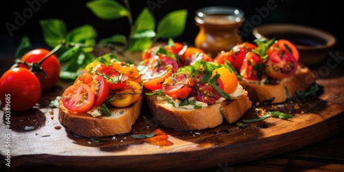 Italian bruschetta with fried tomatoes, mozzarella cheese, herbs on the table. Generative AI