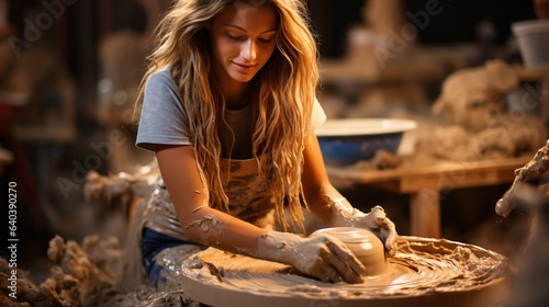 a young woman molding the clay on a potter‘s wheel