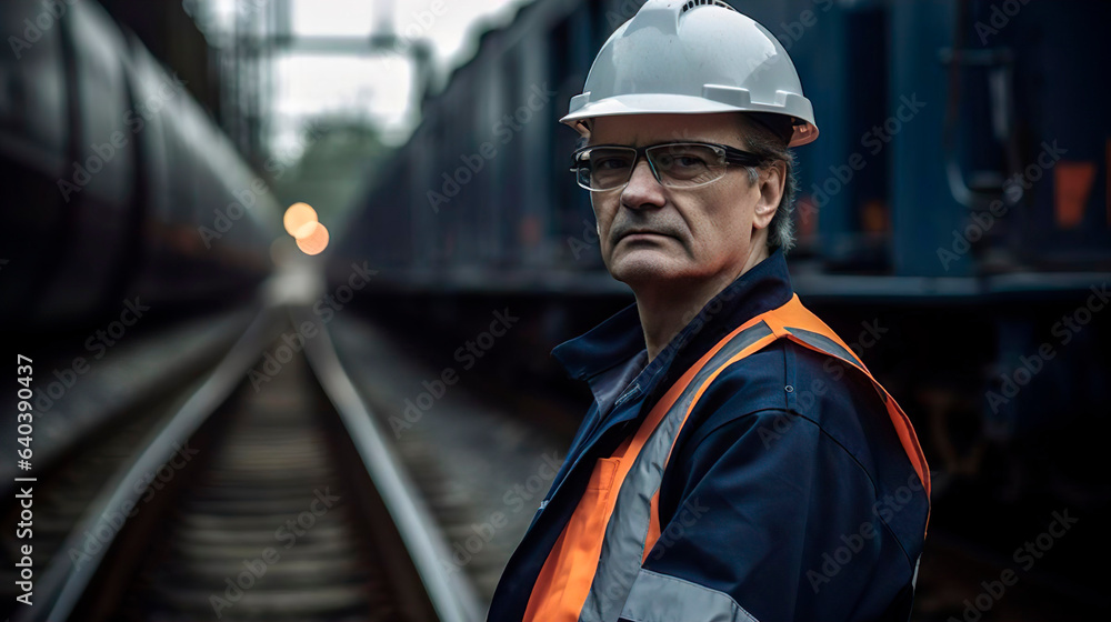 Engineer is checking the construction of the railway switch. A male worker on railways. Builder architect wearing safety uniform and helmet. Engineer is checking the construction of the railway switch. A male worker on railways. Builder architect wearing safety uniform and helmet.