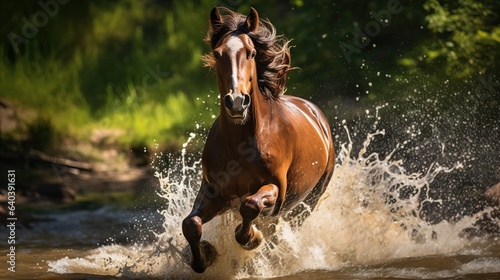 Horse running through water with splashes