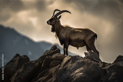 The goat jumps on the rocks in the mountains. Generative AI