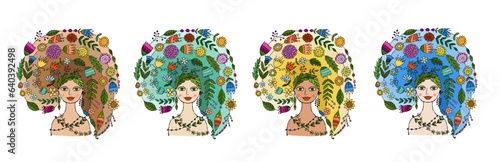 Floral concept art with fairy woman portrait design. Creative vector illustra...