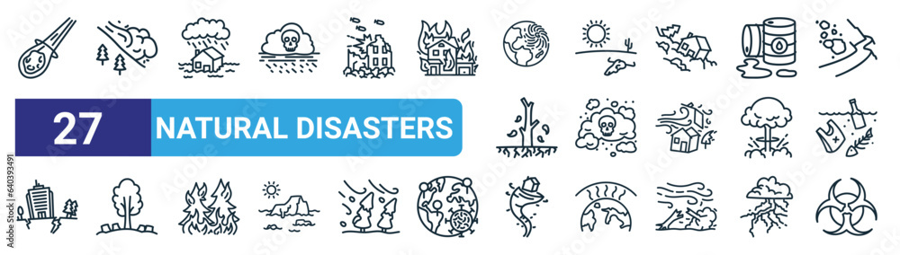 set of 27 outline web natural disasters icons such as meteor, snow ...