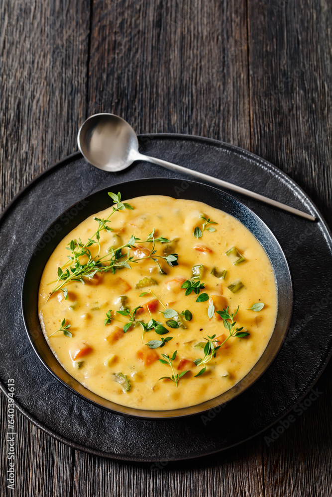 Beer cheese soup with vegetables and thyme Beer cheese soup with vegetables and thyme