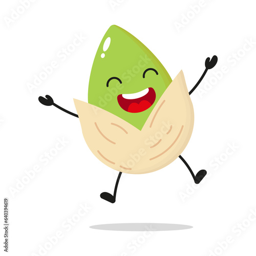 Cute happy pistachio character. Funny victory jump celebration fruit cartoon emoticon in flat style. pistachio emoji vector illustration