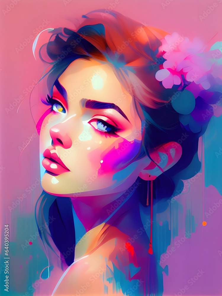 Watercolor bright painting of model girl, woman. Concept of beauty salon, modeling agency, makeup, hairstyle. Generative AI Watercolor bright painting of model girl, woman. Concept of beauty salon, modeling agency, makeup, hairstyle. Generative AI