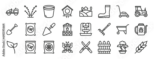 Photographie set of 24 outline web gardening icons such as lawn mower, sprinkler, pot, bird h