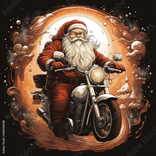 Lunar Odyssey Santa motorcycle t-shirt design portraying Santa Claus on a futuristic motorcycle, Generative Ai photo