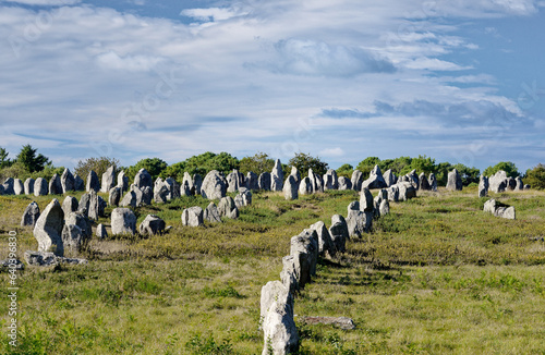 Carnac, Brittany, France. The Kermario group of prehistoric stone row alignments looking southwest toward the tallest