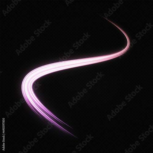 Shiny wave design element with light effect. Magic motion lines on transparent background. Glittering cosmic trail.