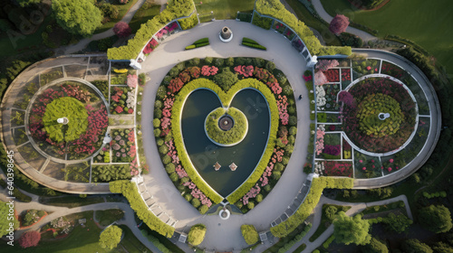 Generative AI, top view of heart shaped english garden, flower beds, paved garden paths, valentine's day card, rose bushes, fountains, bloom