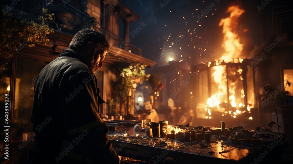 Naklejka premium A professional firefighter puts out the flames. A burning house and a man in uniform, view from the back. Concept: Fire engulfed the room, danger of arson