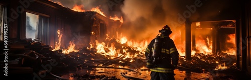  A professional firefighter puts out the flames. A burning house and a man in uniform, view from the back. Concept: Fire engulfed the room, danger of arson