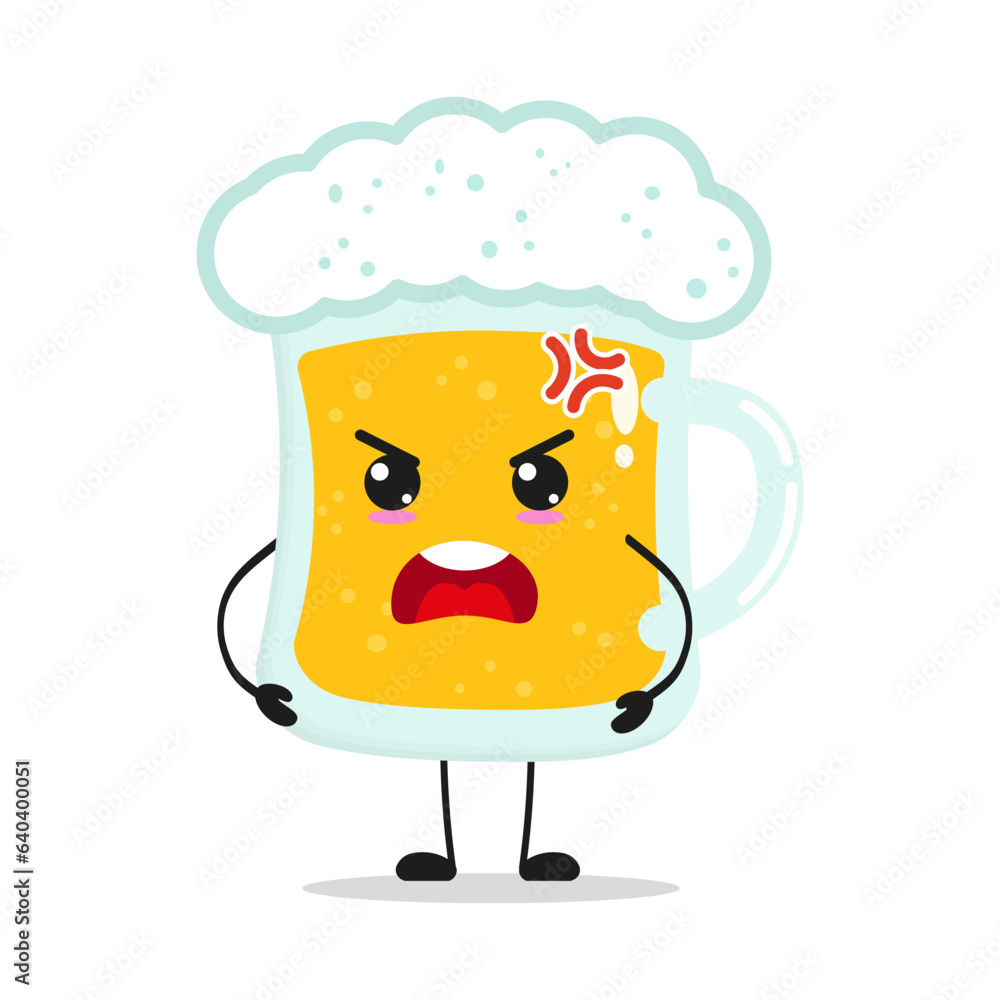 Fototapeta premium Cute angry glass of beer character. Funny mad drink cartoon emoticon in flat style. beer vector illustration