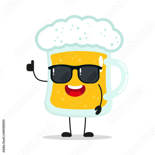 Cute happy glass of beer character wear sunglasses. Funny drink greet friend cartoon emoticon in flat style. beer vector illustration