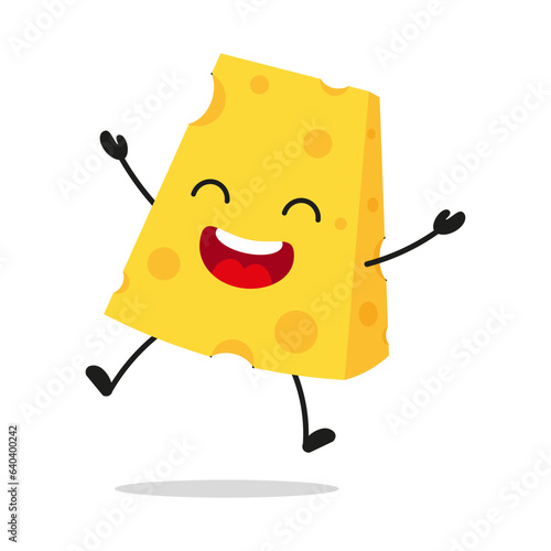 Cute happy cheese character. Funny victory jump celebration food cartoon emoticon in flat style. dairy vector illustration