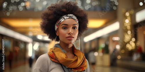 Black woman with Afro happy at a shopping mall. Concept of Shopping joy, retail therapy, mall excursion. © Lila Patel