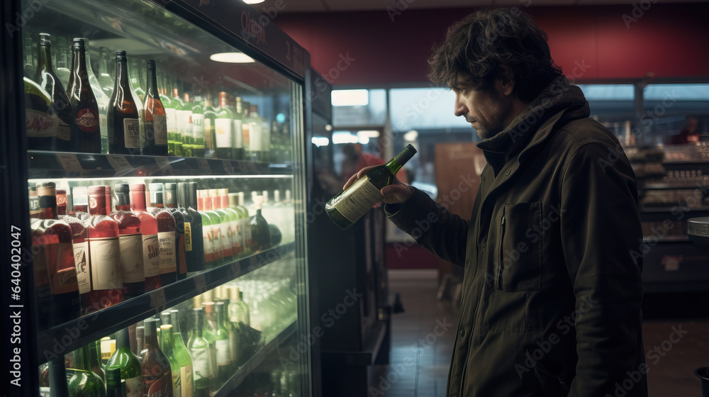 Man buying alcohol at convenience store. Concept of Convenience store visit, purchasing beverages, alcohol shopping, customer transaction, beverage selection.