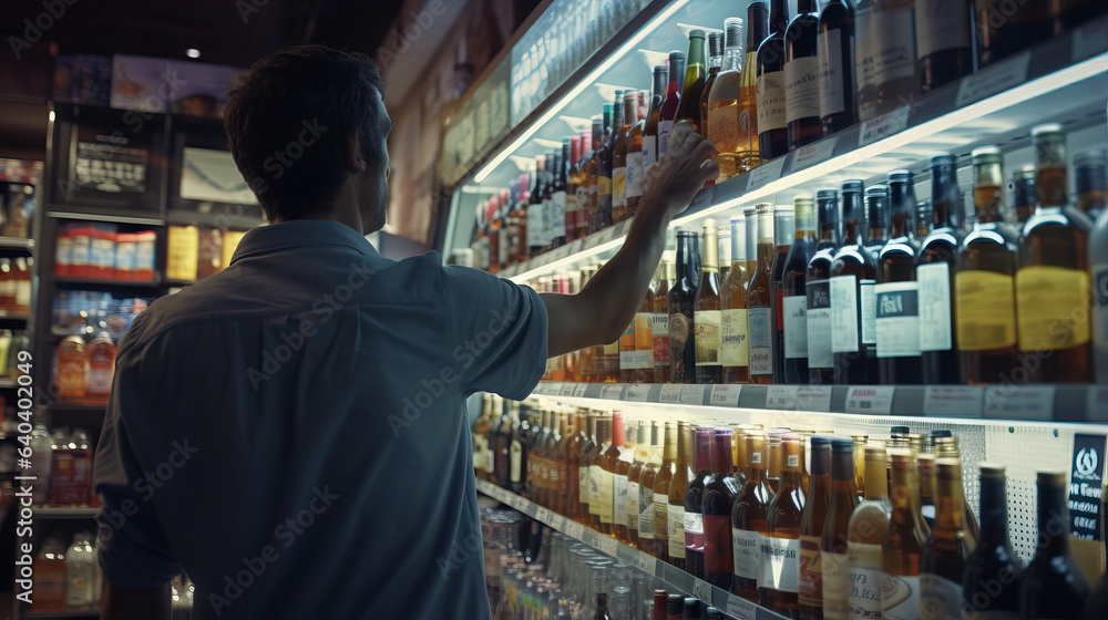 Man buying alcohol at convenience store. Concept of Convenience store visit, purchasing beverages, alcohol shopping, customer transaction, beverage selection.