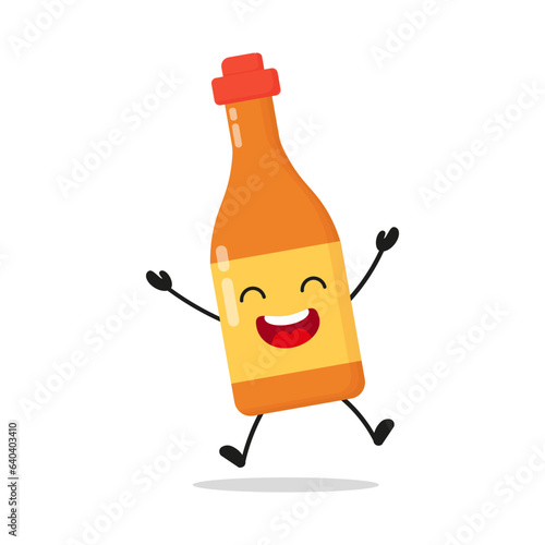 Cute happy chili sauce bottle character. Funny victory jump celebration food cartoon emoticon in flat style. chili sauce bottle emoji vector illustration