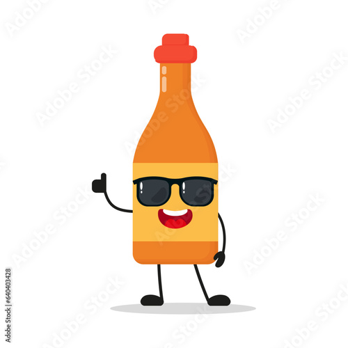 Cute happy chili sauce bottle character wear sunglasses. Funny food greet friend cartoon emoticon in flat style. chili sauce bottle emoji vector illustration
