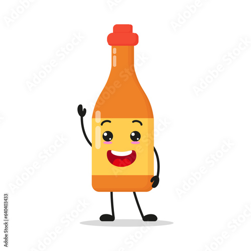 Cute happy chili sauce bottle character. Smiling and greet food cartoon emoticon in flat style. chili sauce bottle emoji vector illustration