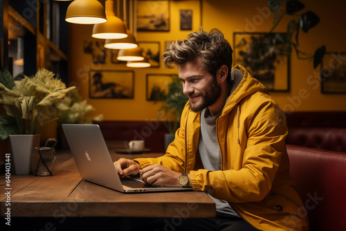 Homen na empresa com laptop sentado, fundo amarelo photo