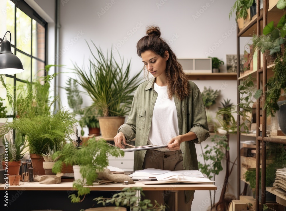 A woman standing at the office desk with books and plants on the table A woman standing at the office desk with books and plants on the table