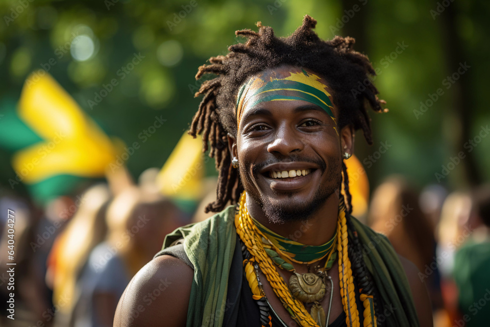 Homen negro Brasileiro com rosto pintado nas cores da bandeira