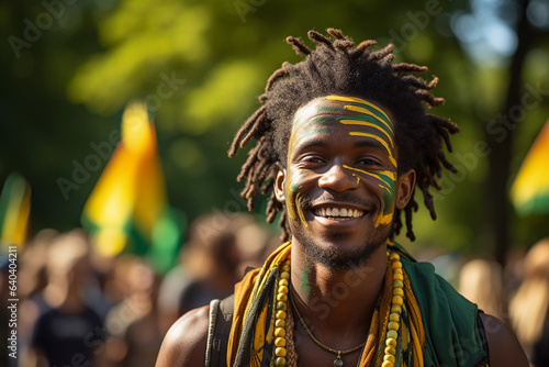 Homem negro brasileiro, com rosto pintado nas cores do brasil photo