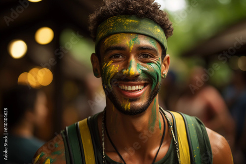 Homem brasileiro com faixa na cabeça feliz comemorando o 7 de setembro photo