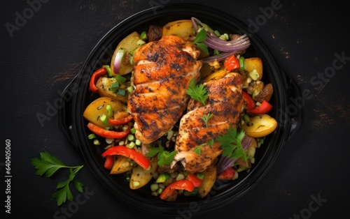 Top view vegetarian chicken and vegetables in a black plate with chicken