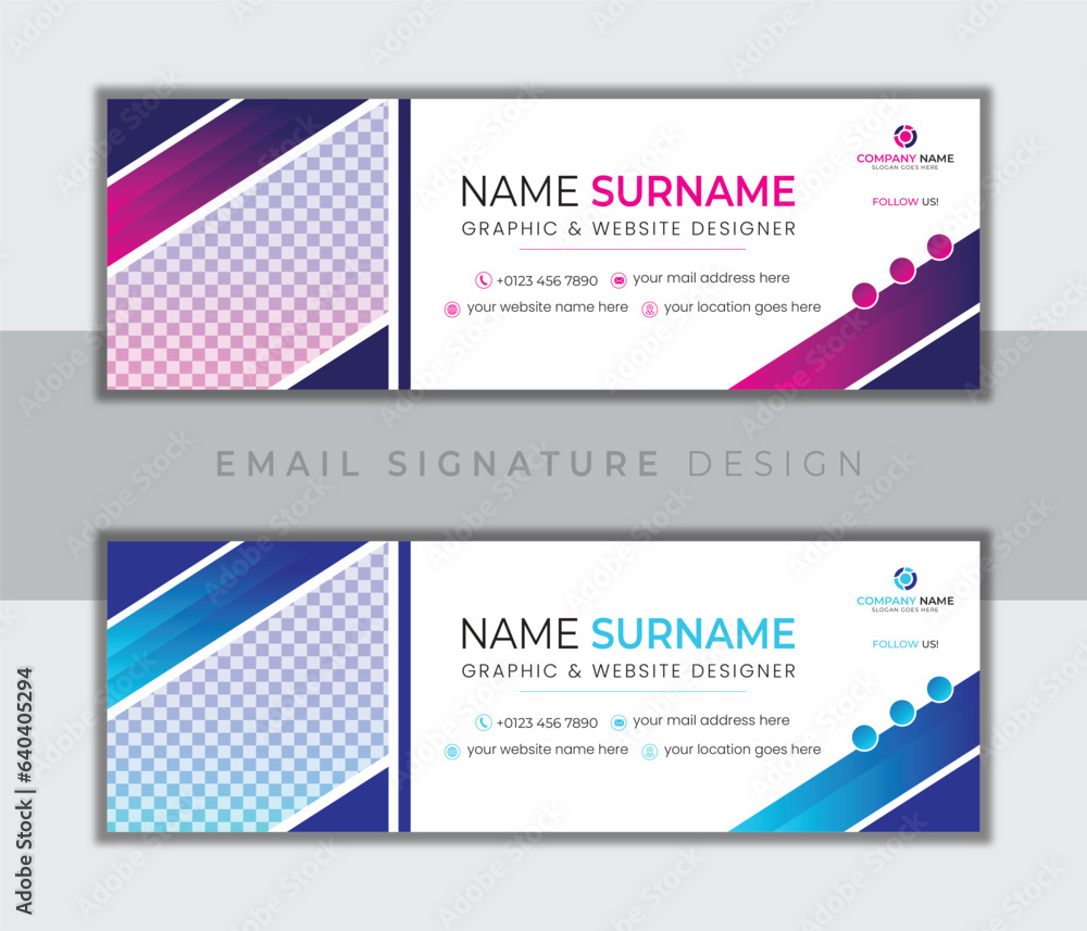 Pink and blue color, minimal and modern email signature design for electronic marketing and advertising. sale 2 different gradient color trending set with clean mockup 2023 and 2024.