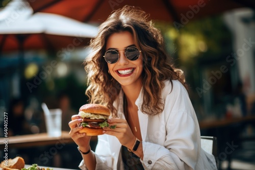 Girl eats burger on street cafe